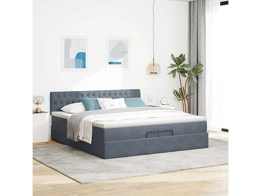 Cadre de lit ottoman avec matelas gris foncé 200x200 cm velours