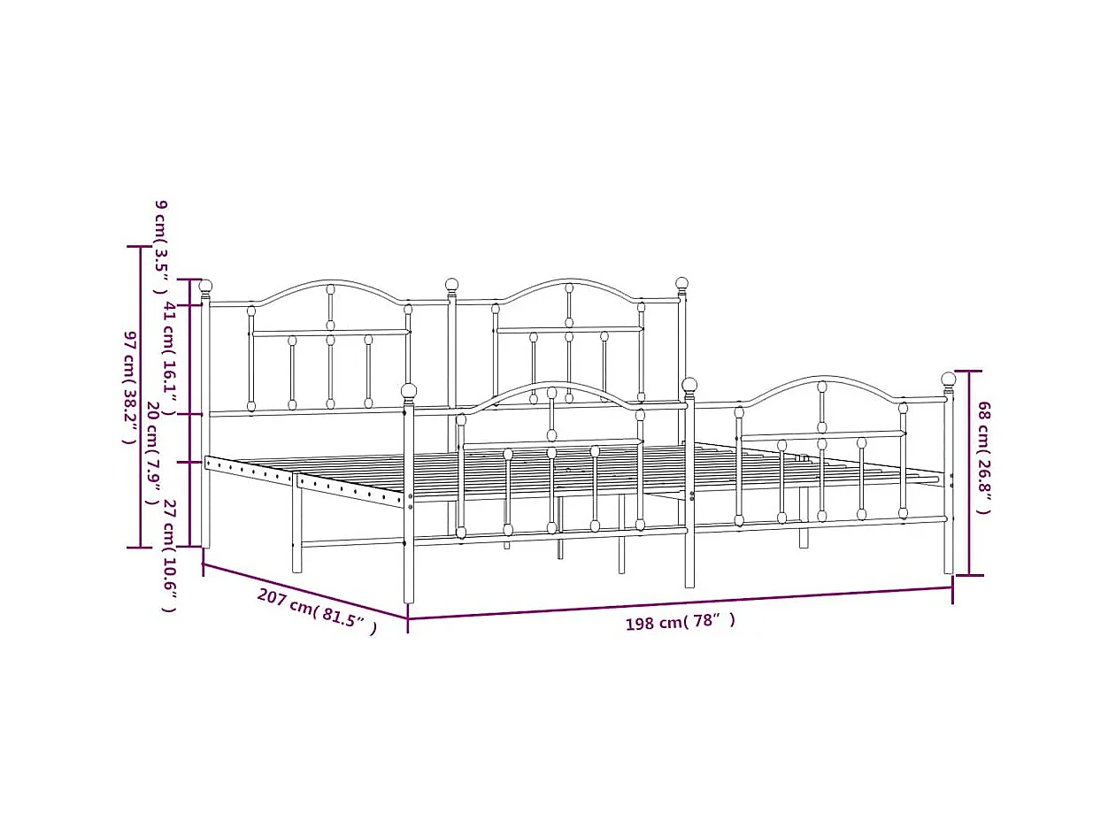 Cadre de lit métal sans matelas avec pied de lit noir 193x203cm