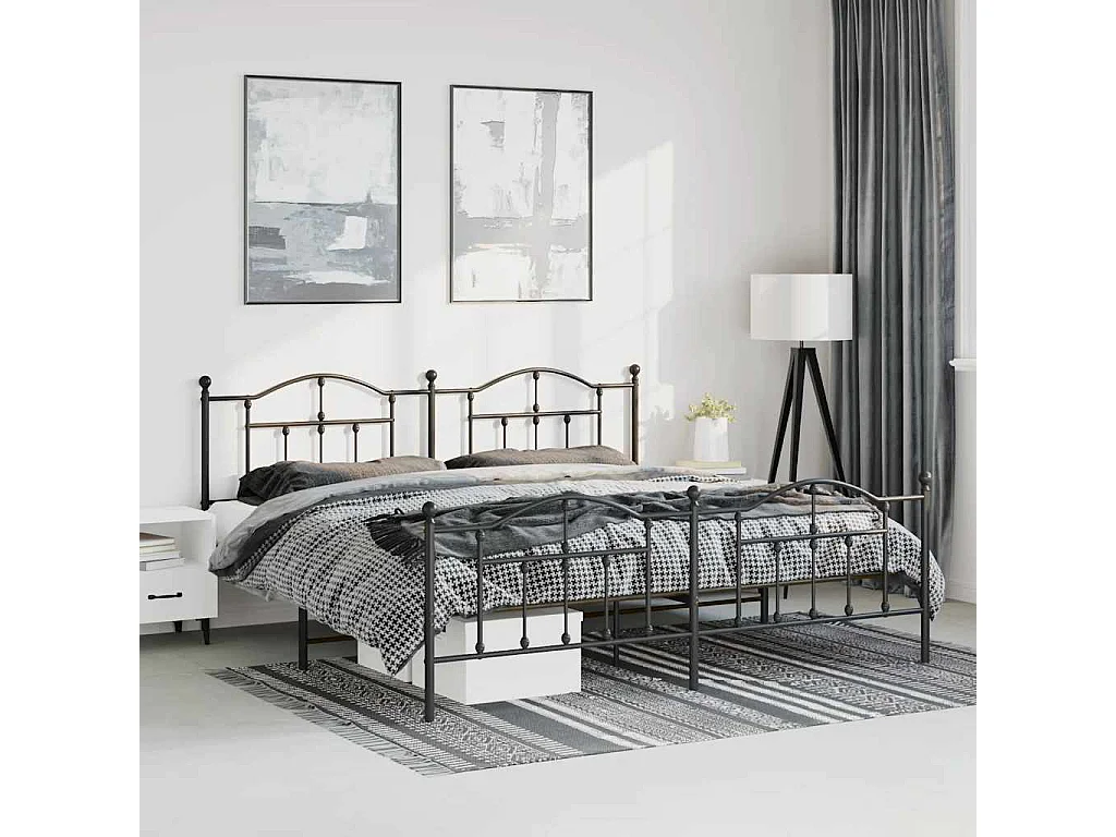 Cadre de lit métal sans matelas avec pied de lit noir 193x203cm