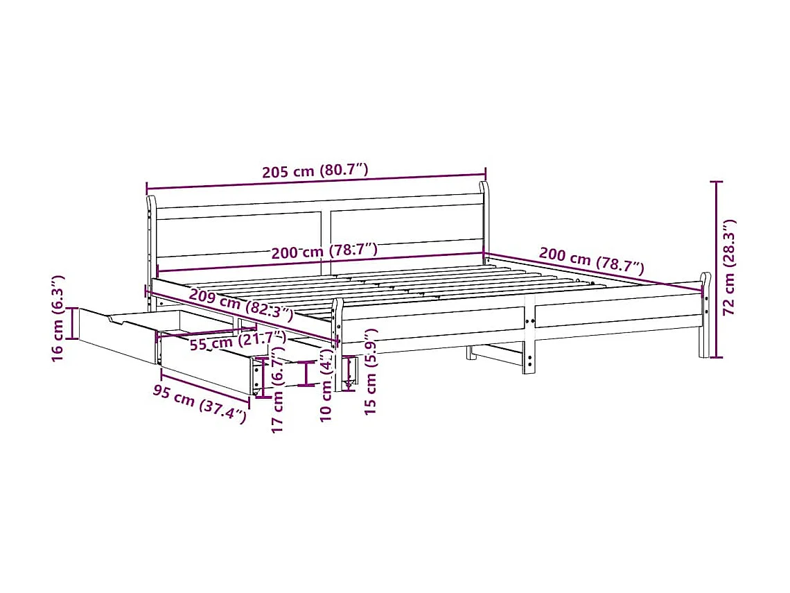 Cadre de lit sans matelas 200x200 cm bois massif de pin