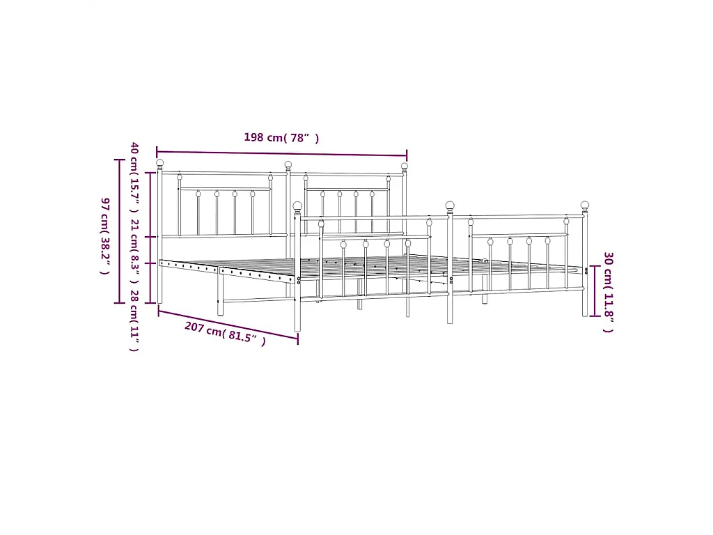 Cadre de lit métal sans matelas avec pied de lit noir 193x203cm