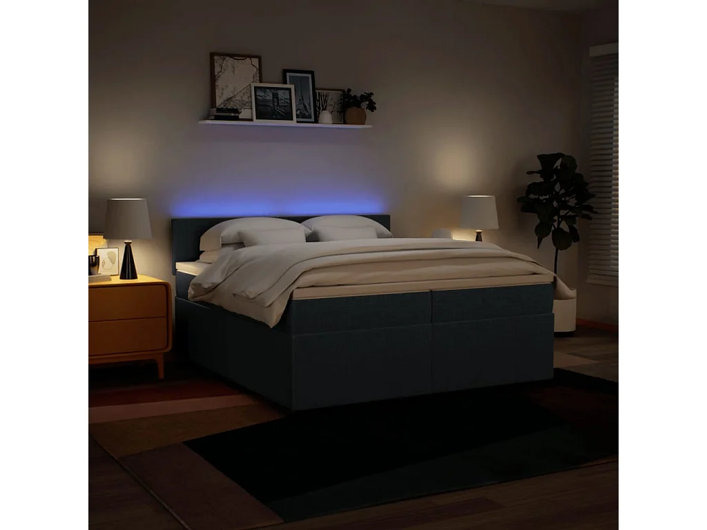 Cama box spring con colchón tela azul 200x200 cm
