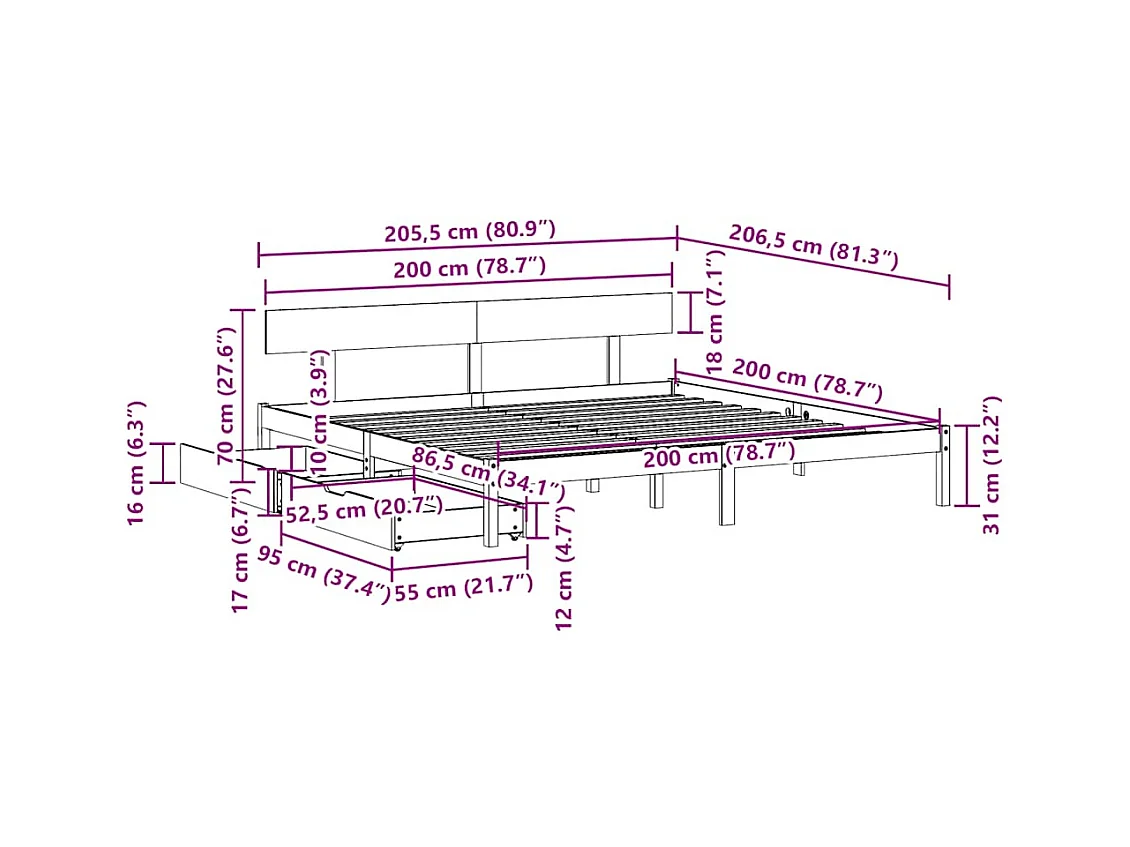 Cadre de lit sans matelas 200x200 cm bois massif de pin
