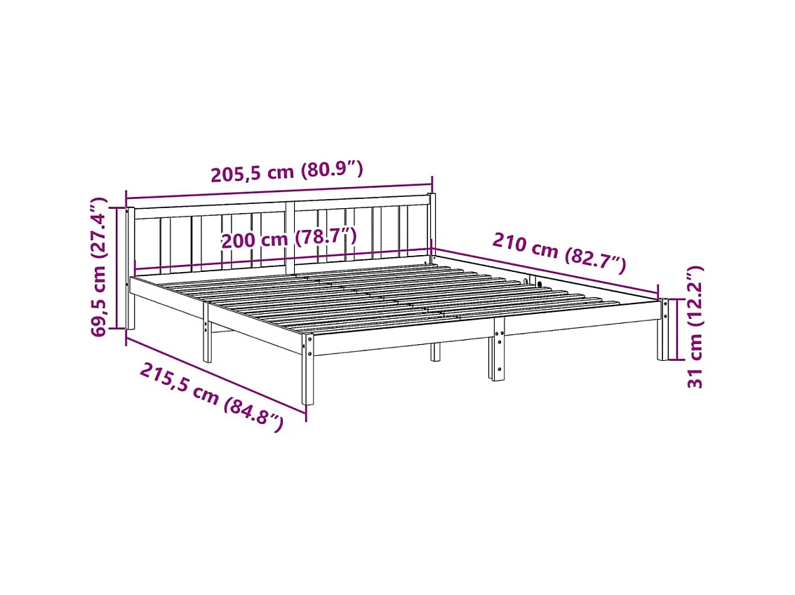 Cadre de lit extra long sans matelas 200x210 cm bois massif pin