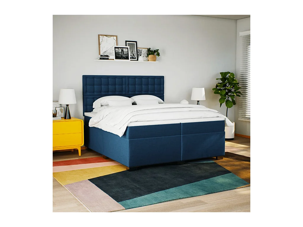 Sommier à lattes de lit avec matelas Bleu 200x200 cm Tissu