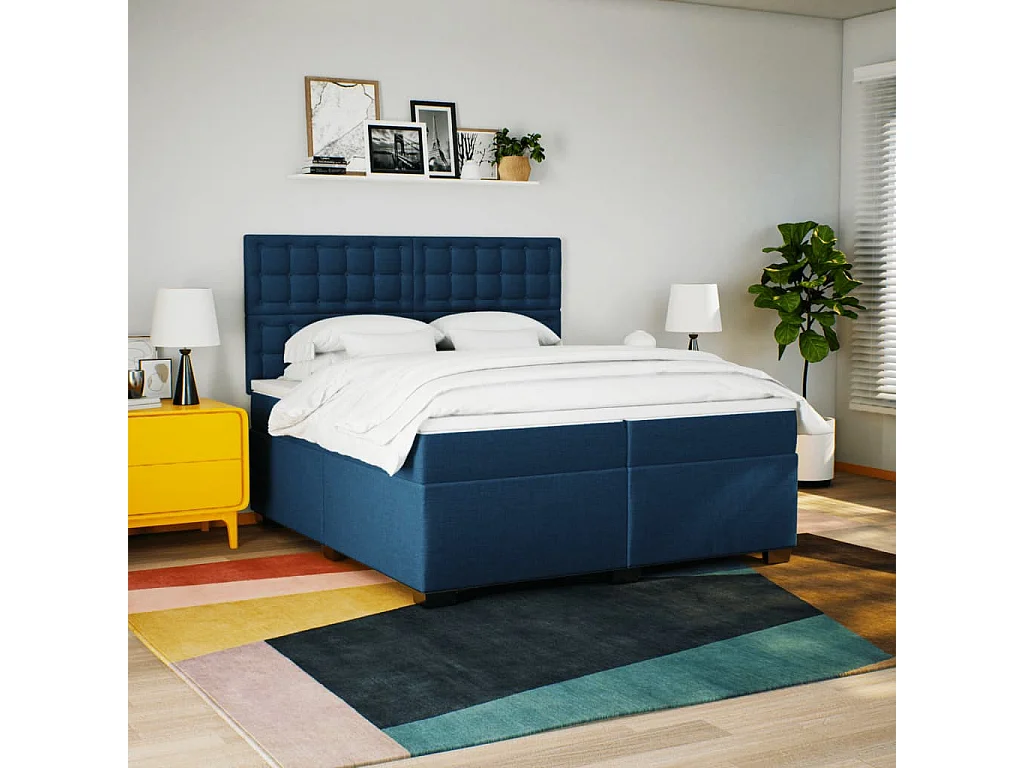 Cama box spring con colchón tela azul 200x200 cm