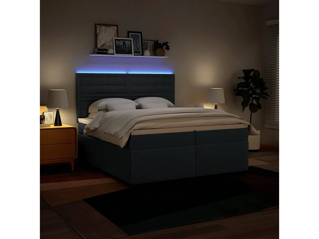 Cama box spring con colchón tela azul 200x200 cm
