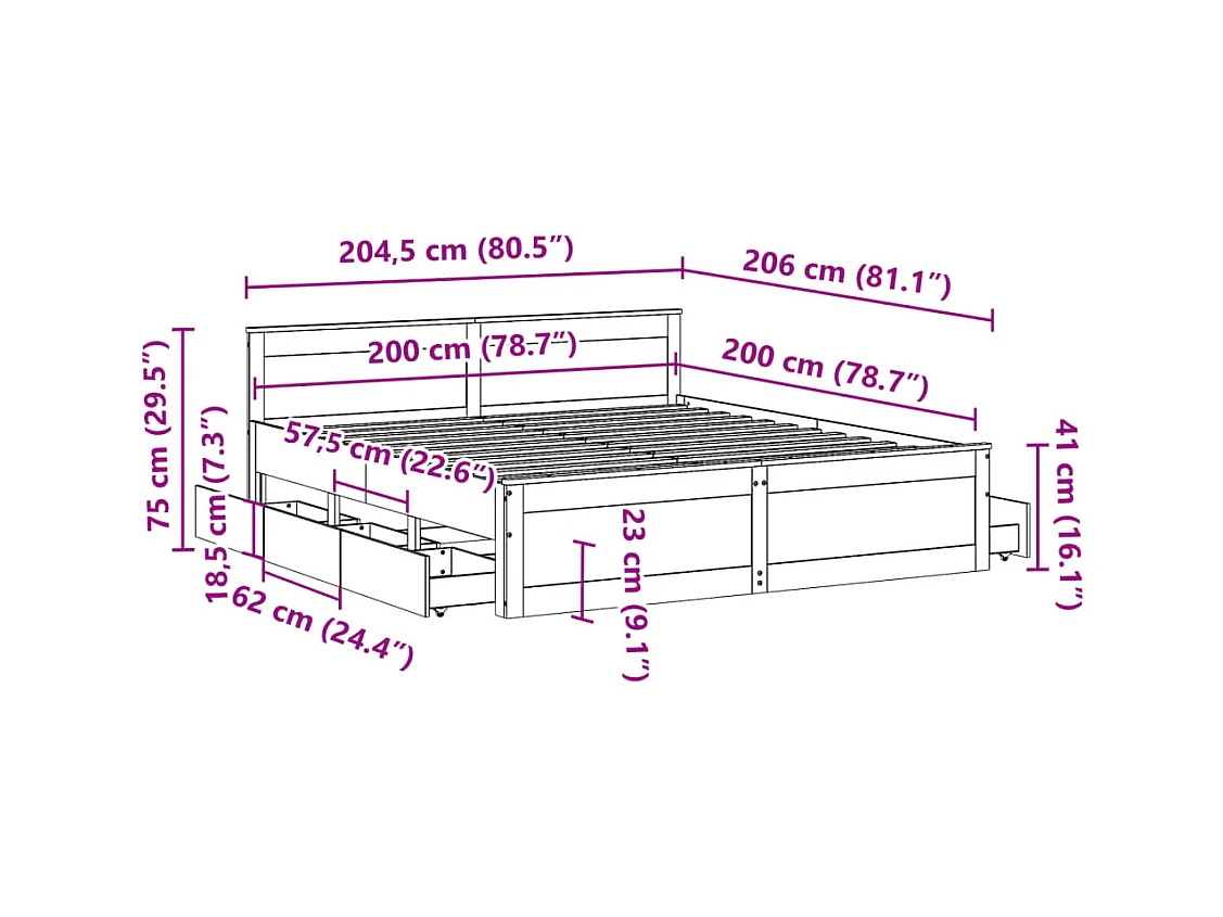 Cadre de lit sans matelas avec tête de lit 200x200 cm bois pin