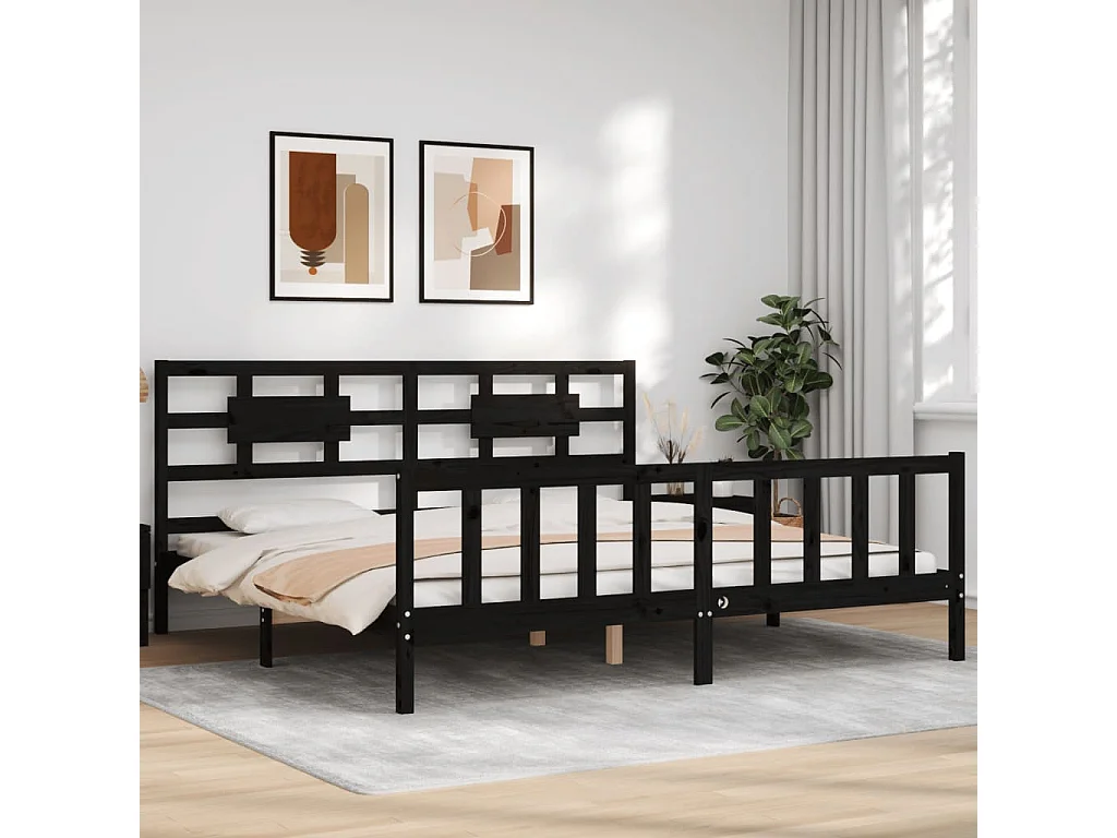 Bedframe met hoofdbord massief hout zwart 200x200 cm