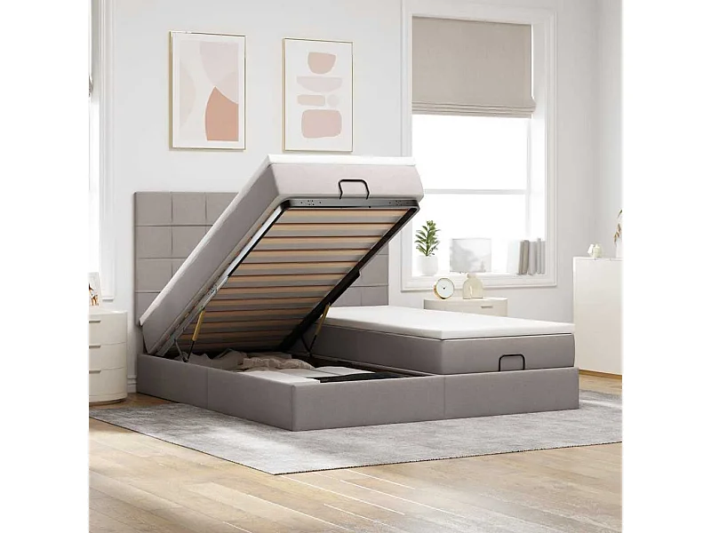 Struttura Letto Pouf con Materassi Tortora 200x200 cm Tessuto