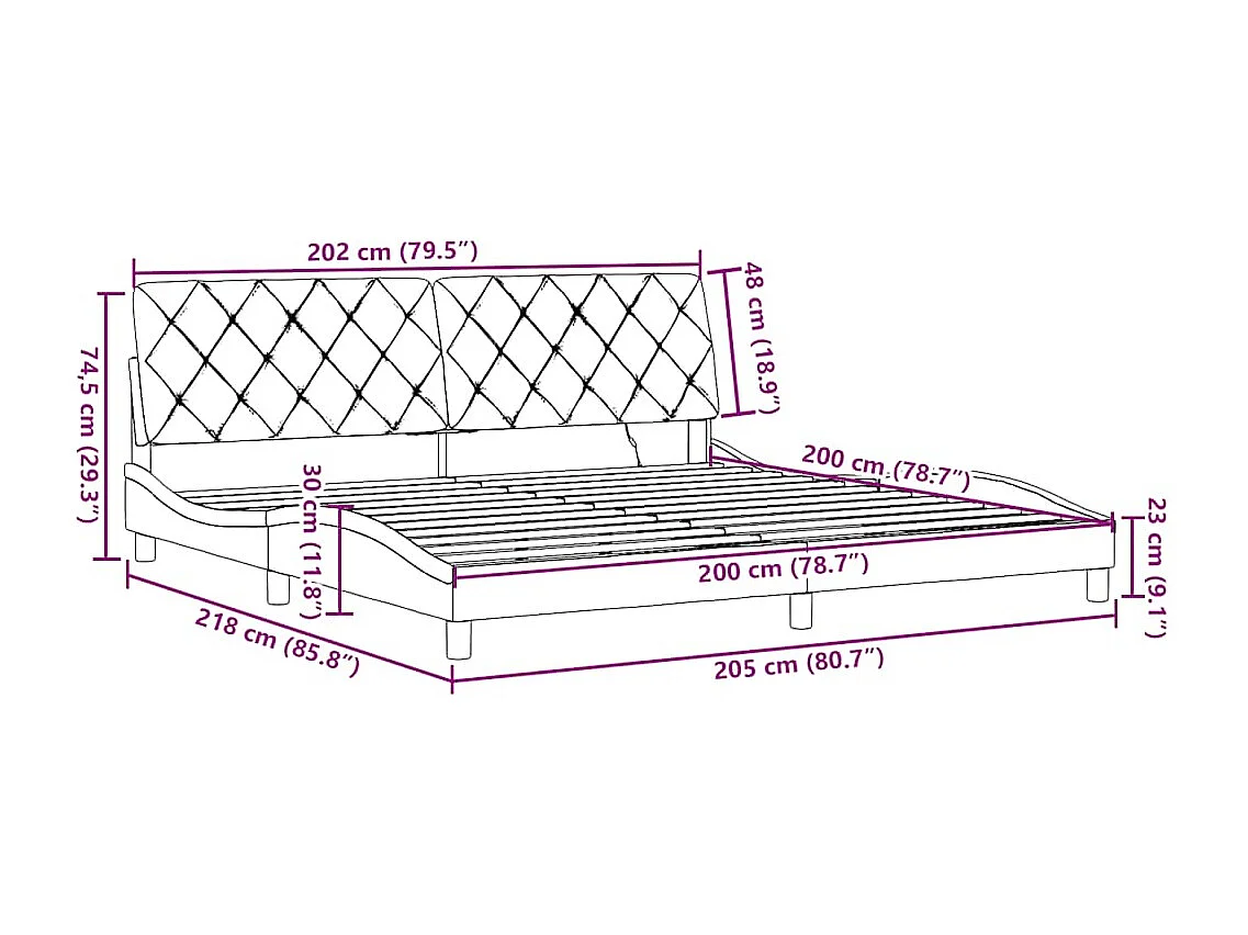 Cadre de lit avec LED sans matelas gris foncé 200x200 cm tissu