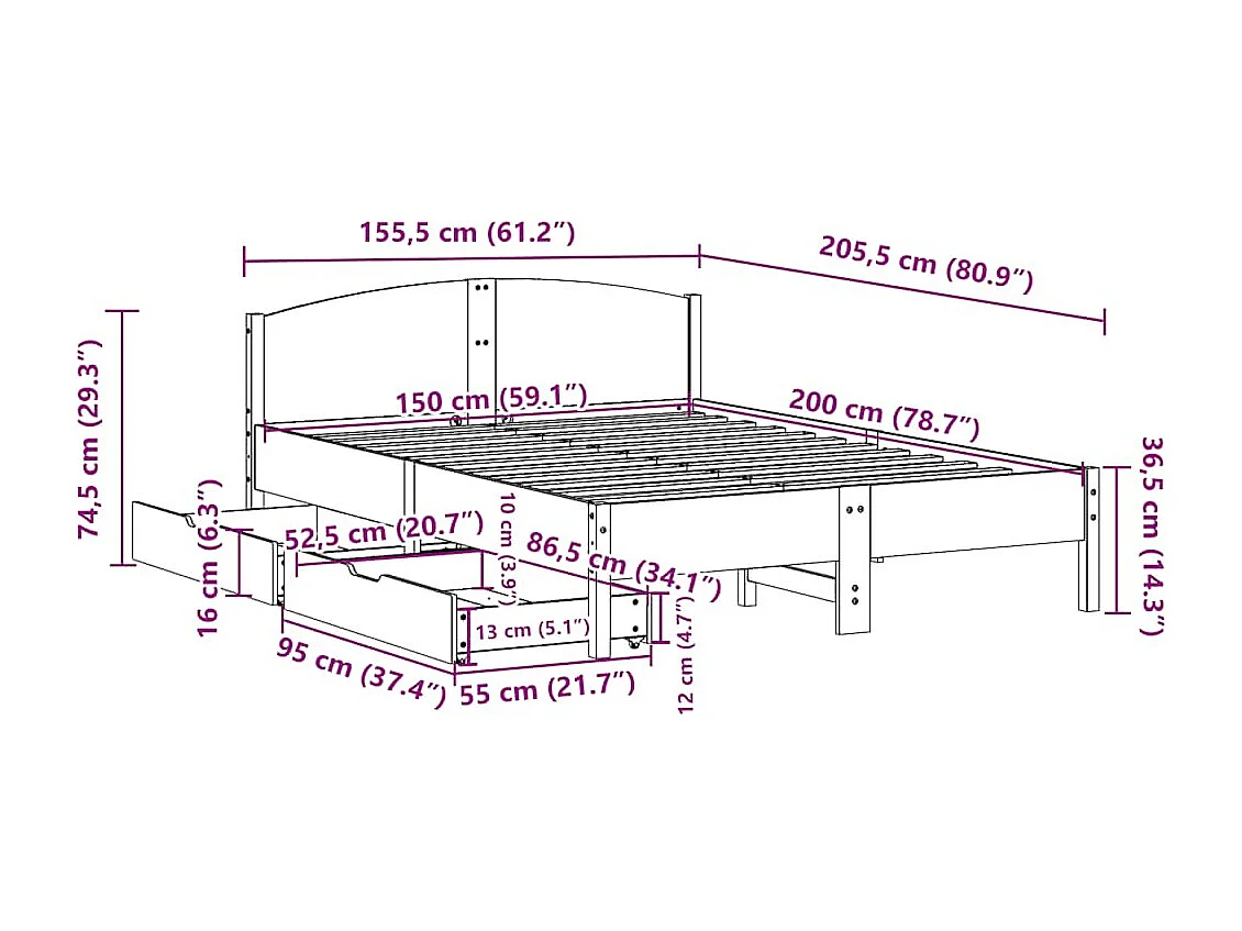 Cadre de lit sans matelas cire marron 150x200cm bois pin massif