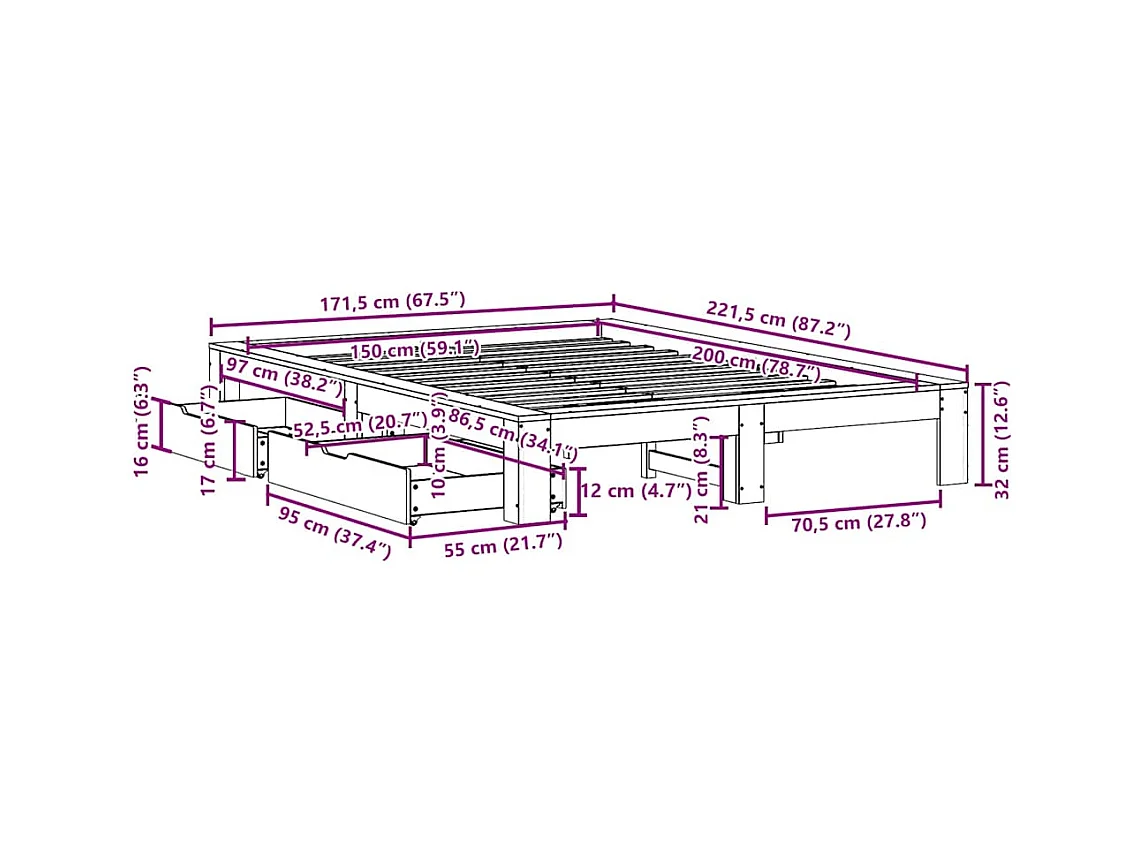 Cadre de lit sans matelas 150x200 cm bois de pin massif