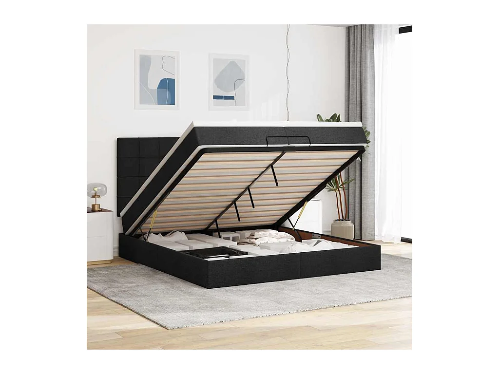 Cadre de lit ottoman avec matelas noir 200x200cm tissu