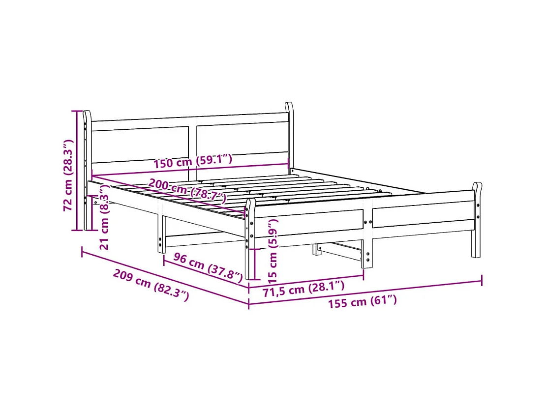 Letto senza Materasso 150x200 cm in Legno Massello di Pino