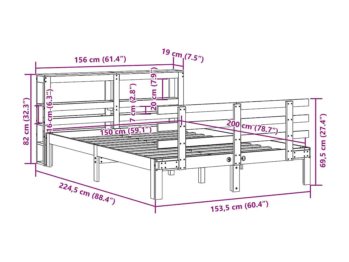 Estructura de cama con cabecero madera de pino blanco 150x200cm