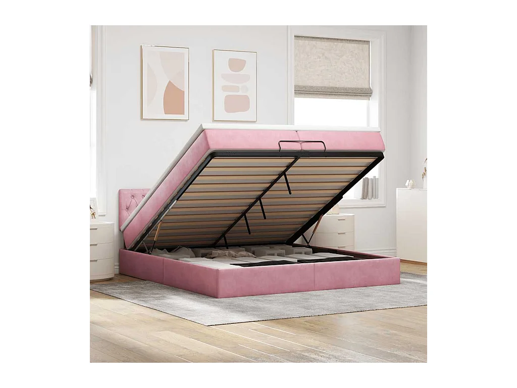Struttura Letto Pouf con Materasso Rosa 200x200 cm Velluto