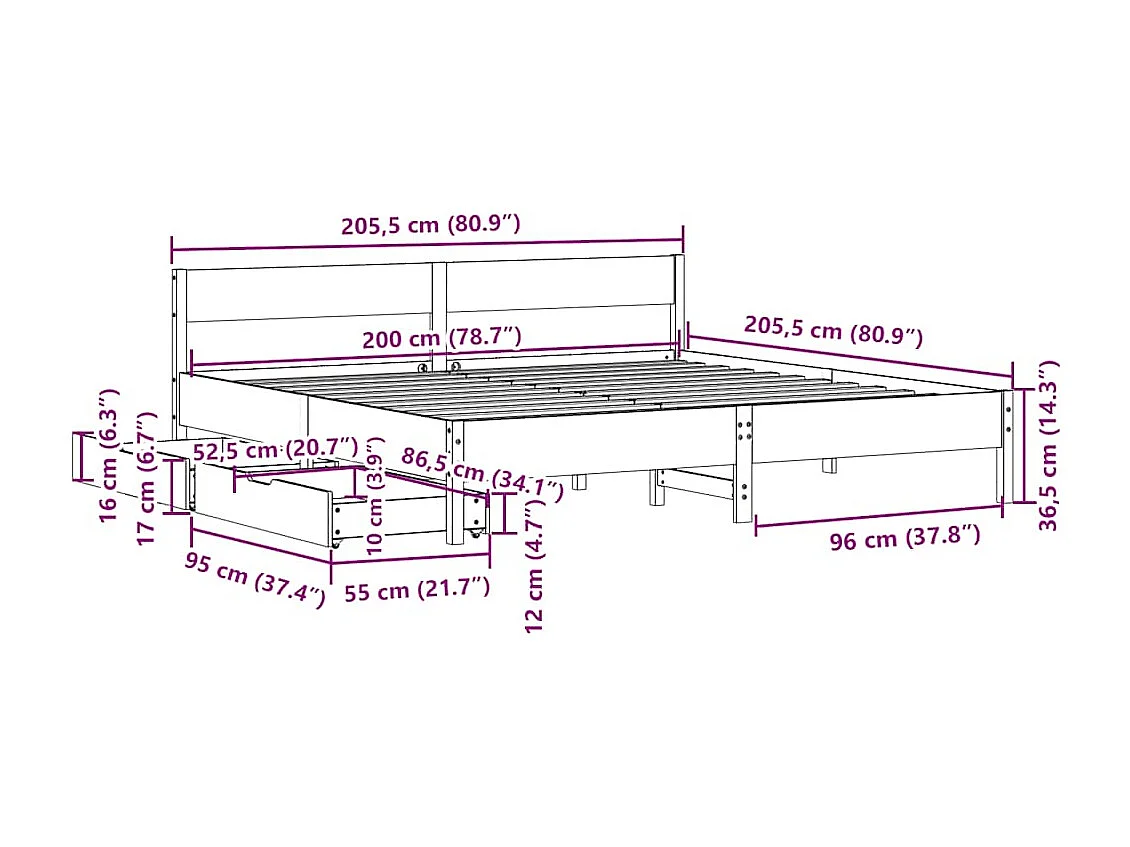 Bedframe zonder matras massief grenenhout wit 200x200 cm
