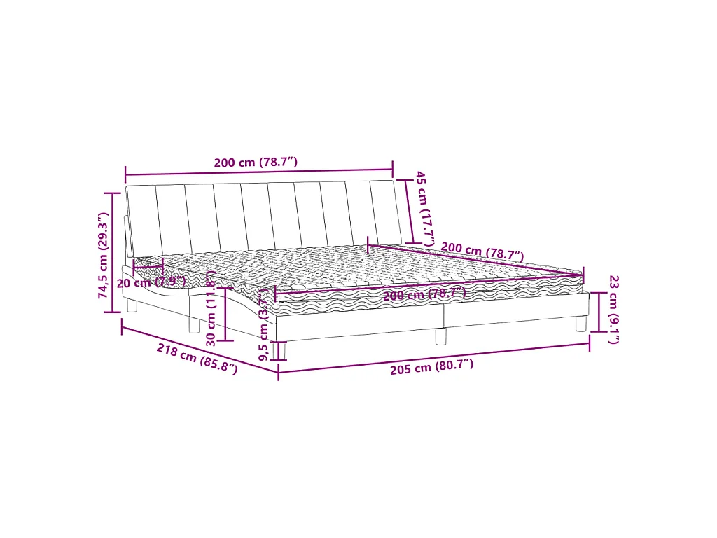 Lit avec matelas Hanko gris clair 200x200 cm velours