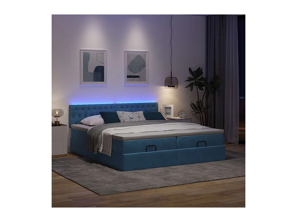 Pouf Letto con Materassi e LED Blu Scuro 200x200cm Velluto