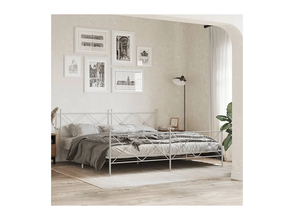 Cadre de lit métal sans matelas et pied de lit blanc 193x203 cm