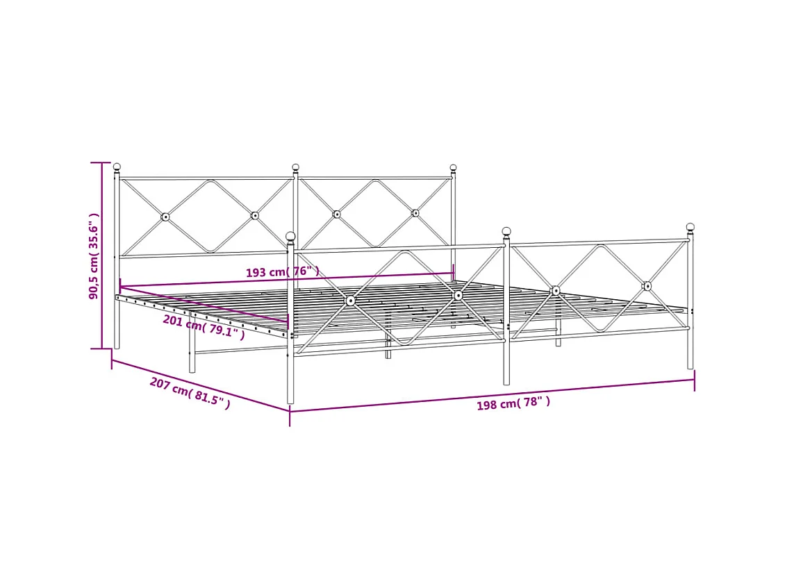 Cadre de lit métal sans matelas et pied de lit blanc 193x203 cm
