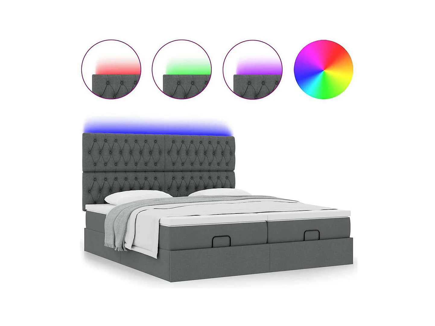 Ottoman-Bett mit Matratzen & LEDs Dunkelgrau 200x200 cm Stoff