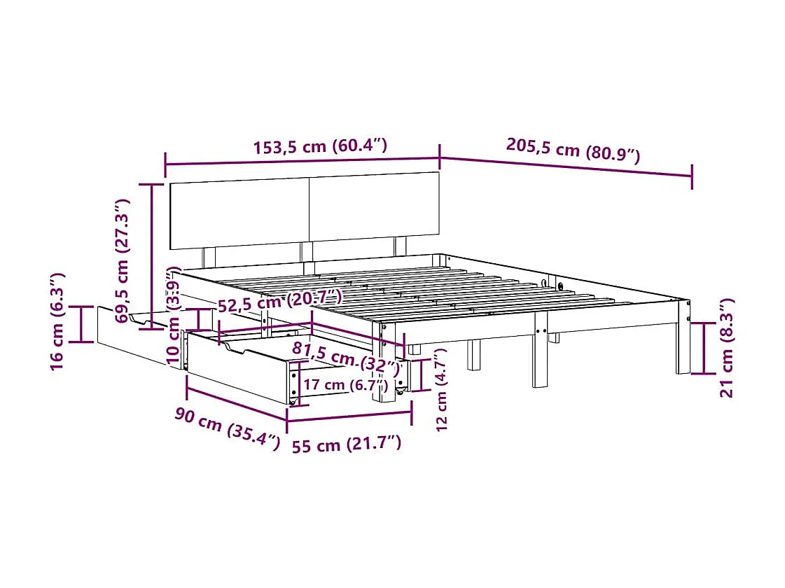 Estructura de cama con cajones madera maciza de pino 150x200cm