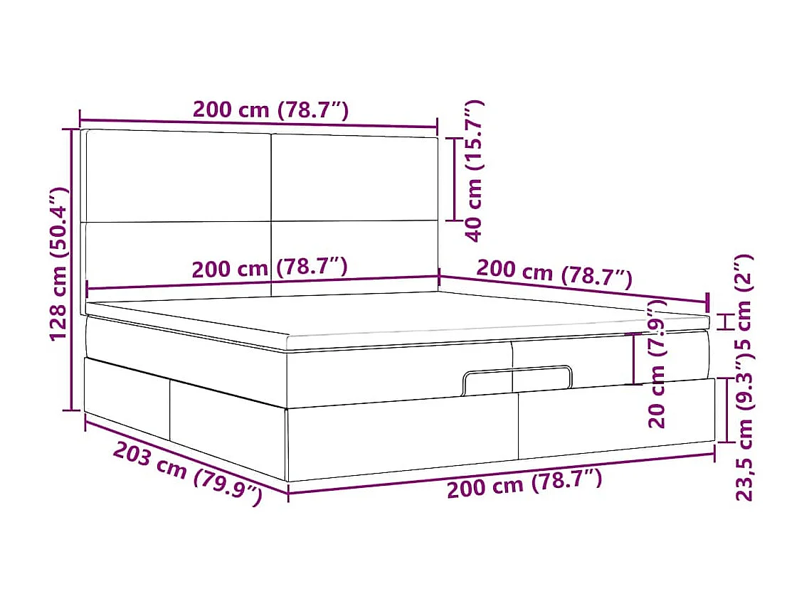 Cadre de lit ottoman avec matelas noir 200x200cm tissu