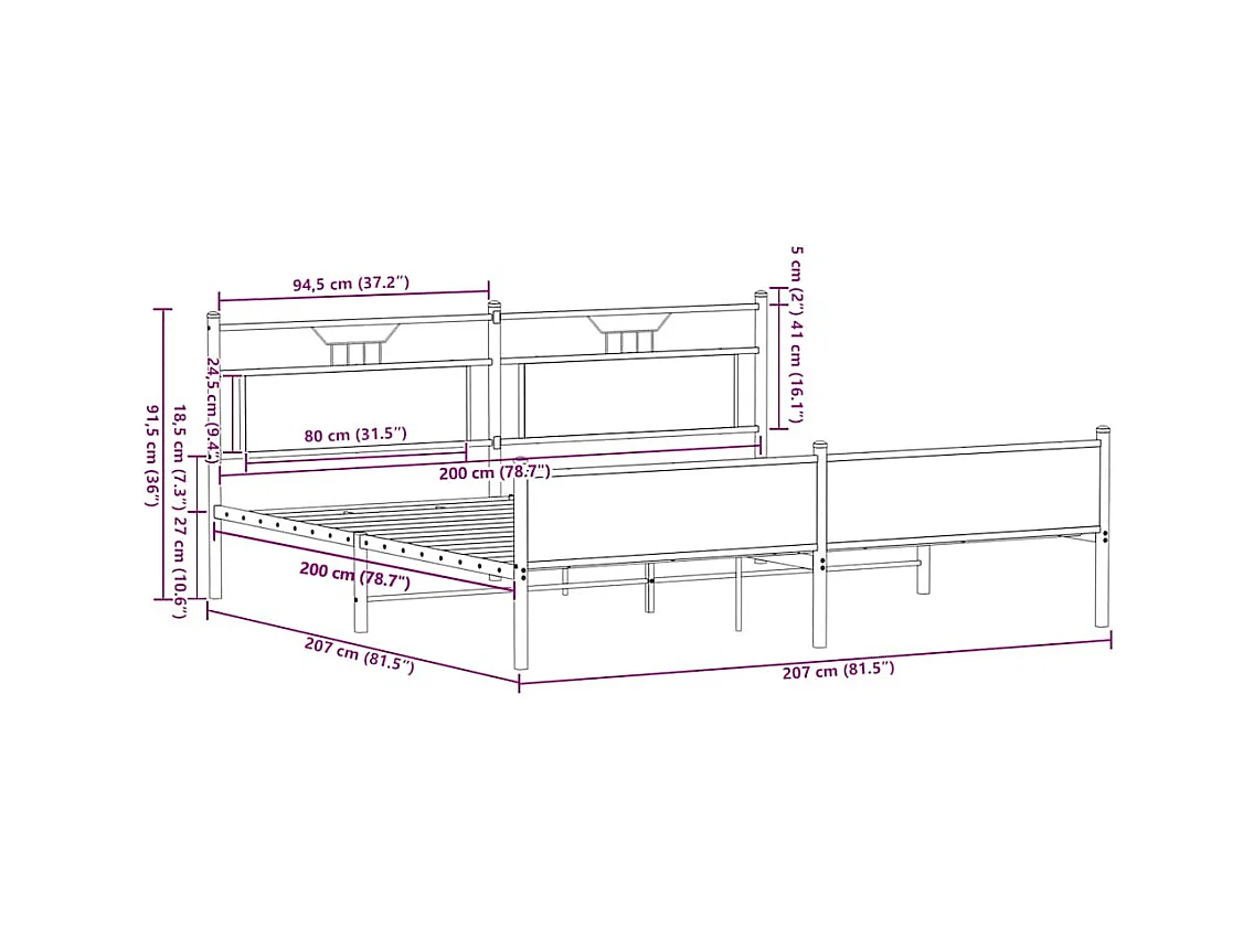 Cadre de lit en métal sans matelas chêne fumé 200x200 cm