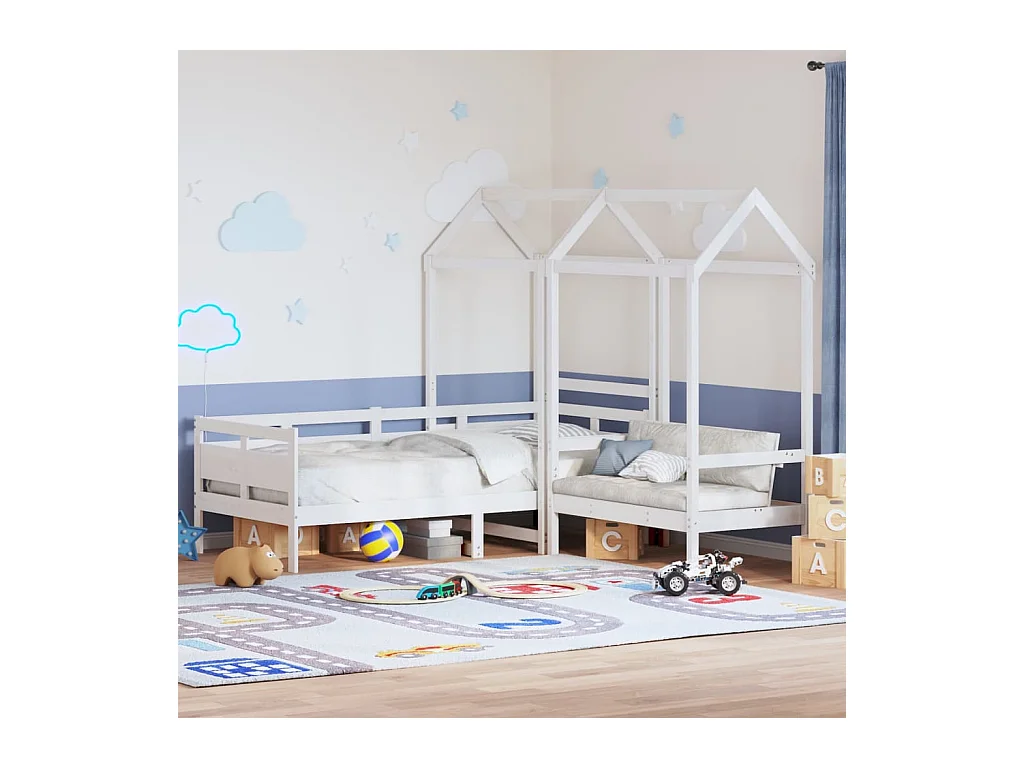 Kinderbed met huisje en bankje massief grenenhout wit 80x200 cm