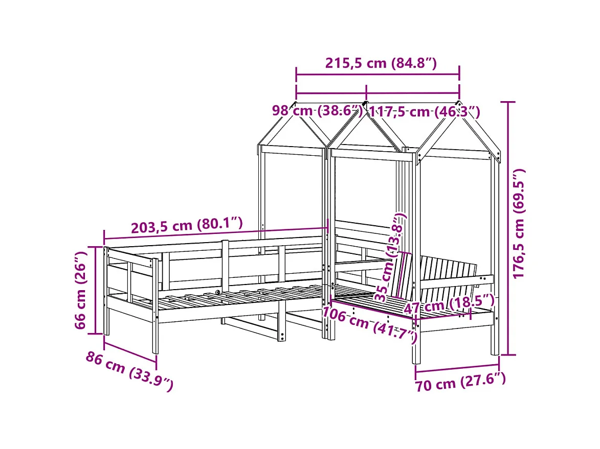 Kinderbed met huisje en bankje massief grenenhout wit 80x200 cm