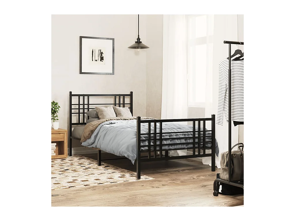 Cadre de lit métal sans matelas avec pied de lit noir 107x203cm
