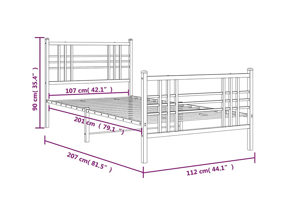 Cadre de lit métal sans matelas avec pied de lit noir 107x203cm