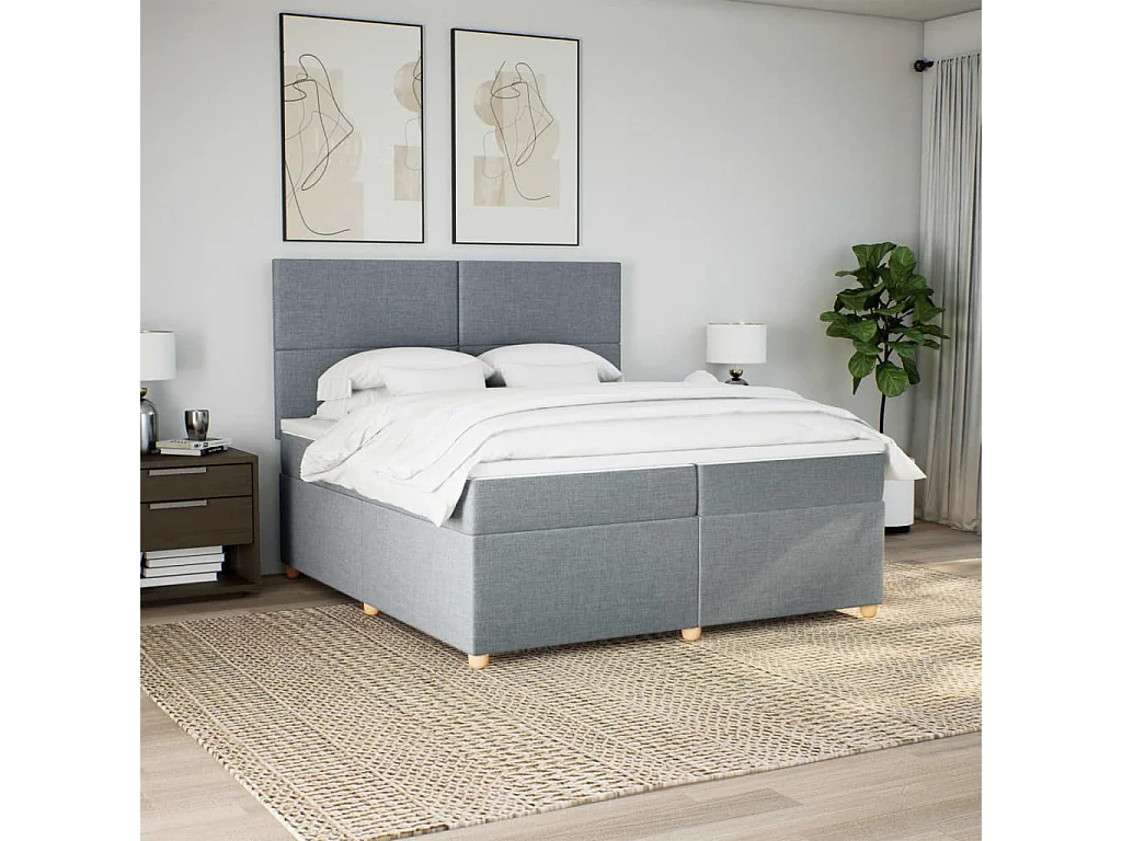 Cama box spring con colchón tela gris claro 200x200 cm