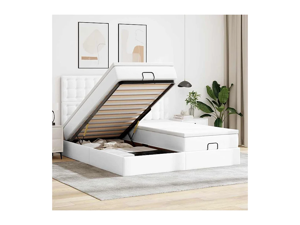 Cadre de lit ottoman et matelas blanc pur 200x200cm similicuir