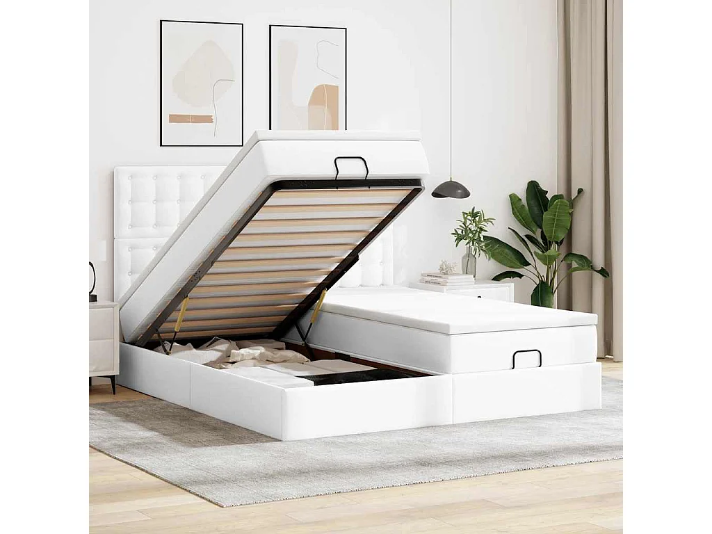 Ottoman-Bett mit Matratzen & LEDs Reinweiß 200x200cm Kunstleder