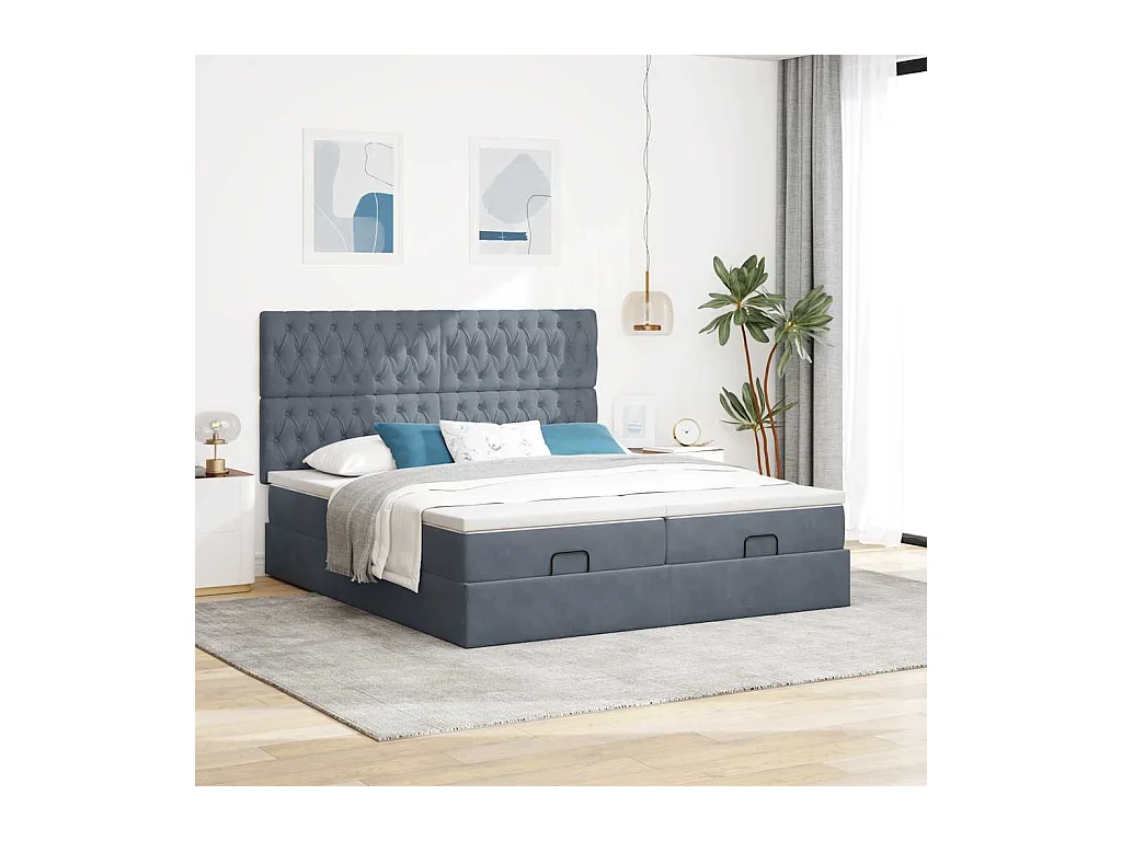 Cadre de lit ottoman avec matelas gris foncé 200x200 cm velours