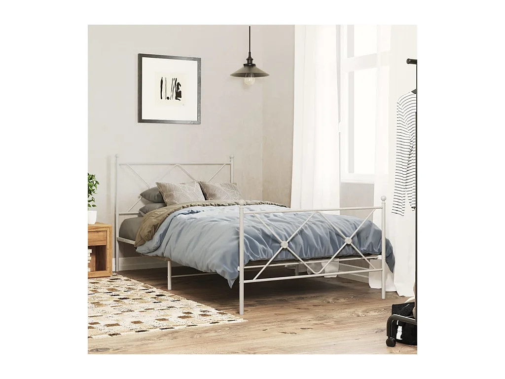 Cadre de lit métal sans matelas et pied de lit blanc 107x203 cm