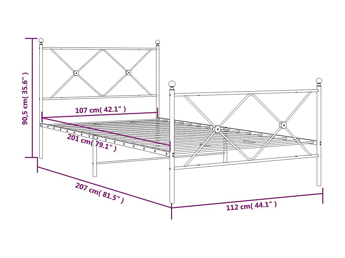 Cadre de lit métal sans matelas et pied de lit blanc 107x203 cm