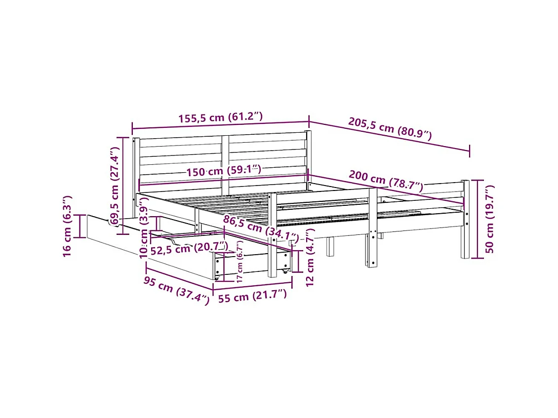 Cadre de lit sans matelas 150x200 cm bois de pin massif