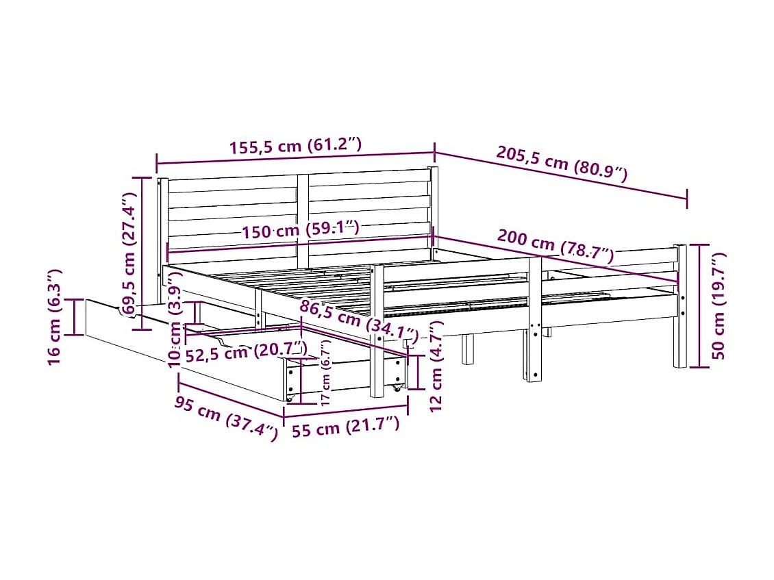 Cadre de lit sans matelas 150x200 cm bois de pin massif