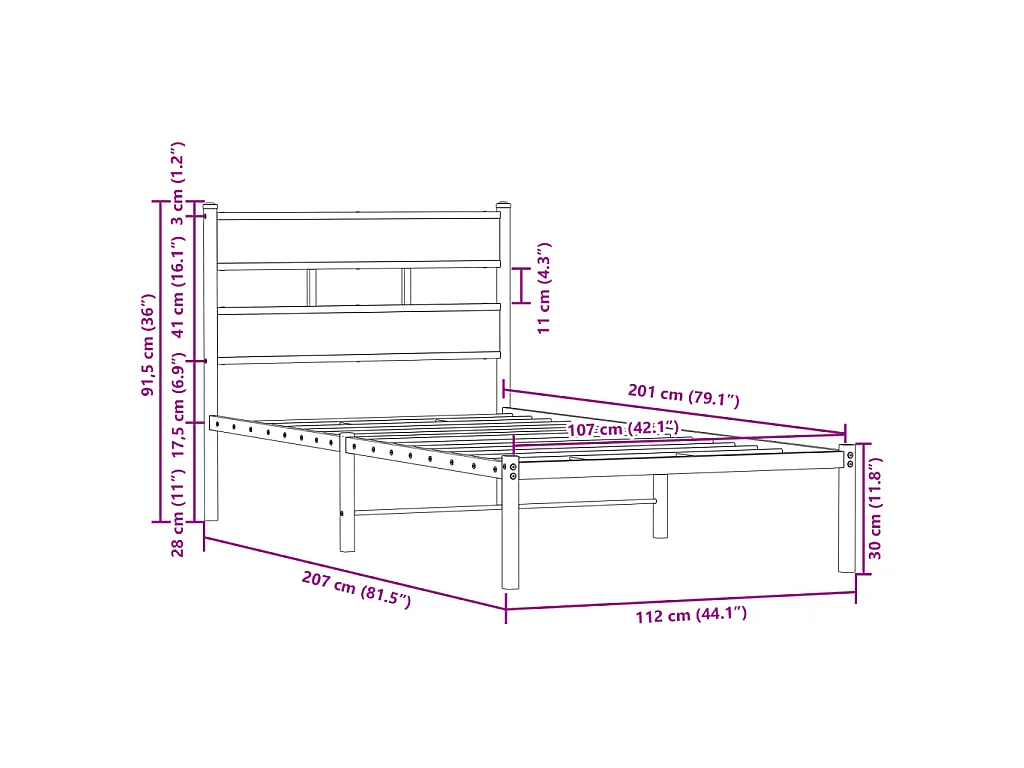 Bettgestell ohne Matratze mit Kopfteil Braun Eiche 107x203 cm