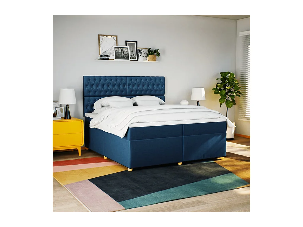 Sommier à lattes de lit avec matelas Bleu 200x200 cm Tissu