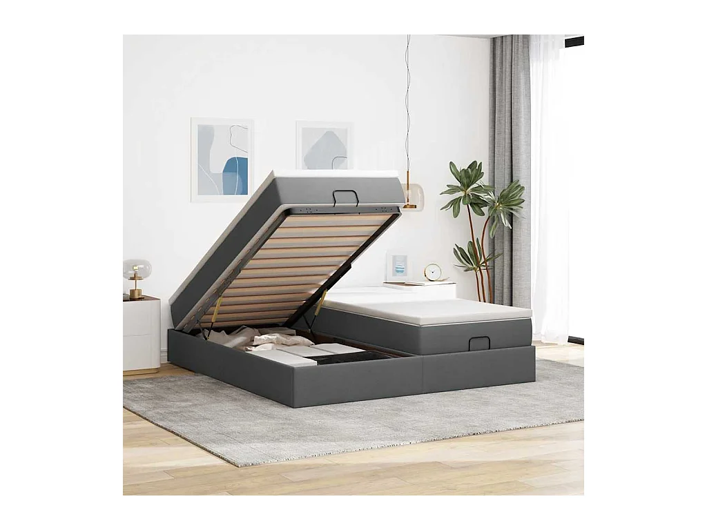 Cadre de lit ottoman avec matelas gris foncé 200x200cm tissu