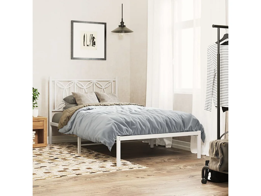 Cadre de lit métal sans matelas et tête de lit blanc 107x203 cm