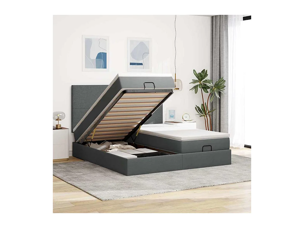 Cadre de lit ottoman avec matelas gris foncé 200x200cm tissu