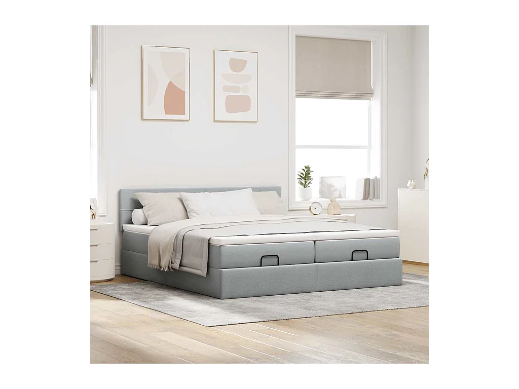 Cadre de lit ottoman et matelas gris clair 200x200cm tissu