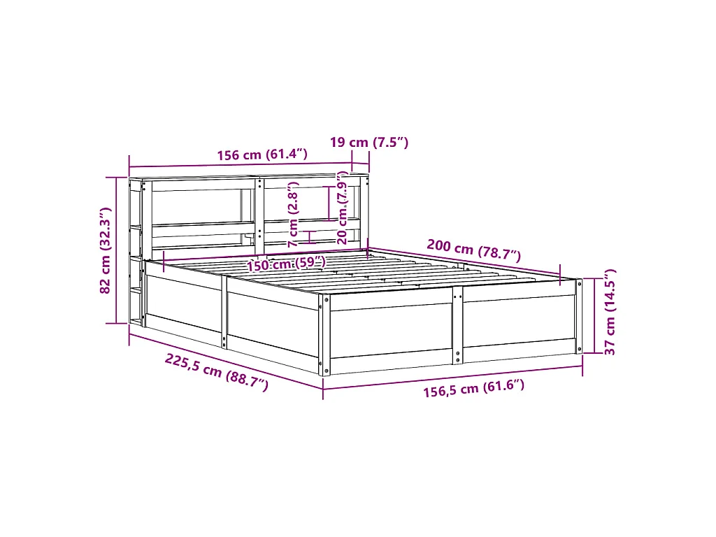 Estrutura cama c/ cabeceira 150x200cm pinho maciço castanho-mel