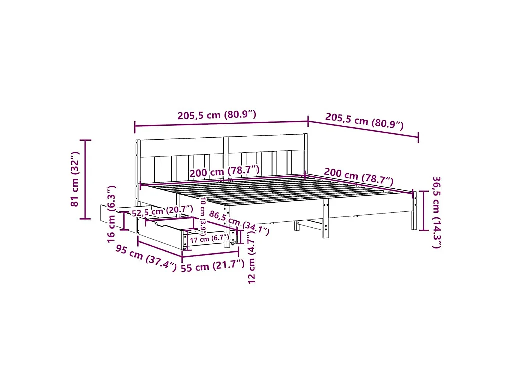 Cadre de lit sans matelas blanc 200x200 cm bois massif de pin